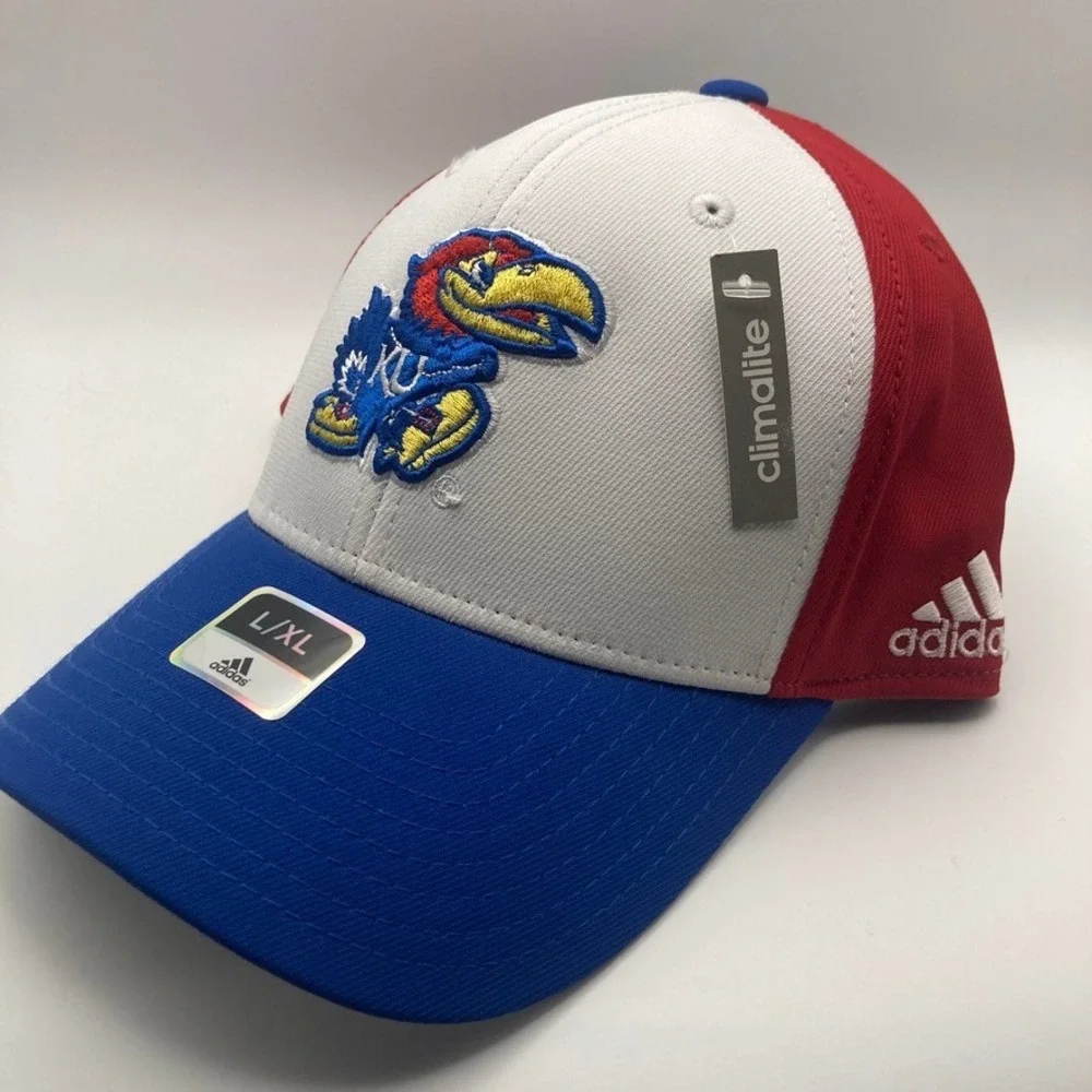 NWT‎ Adidas Kansas University KU Jayhawk Cap L/XL Multi Color Structured Flex